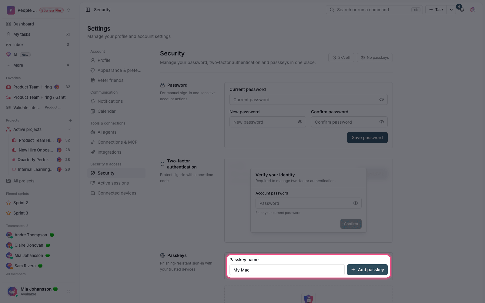 Adding a passkey