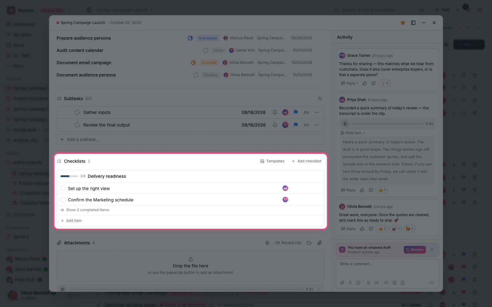 Checklist inside a task