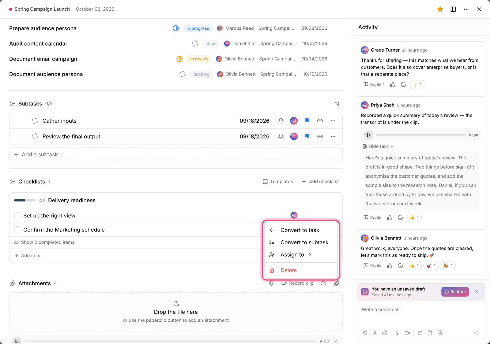 Converting a checklist item