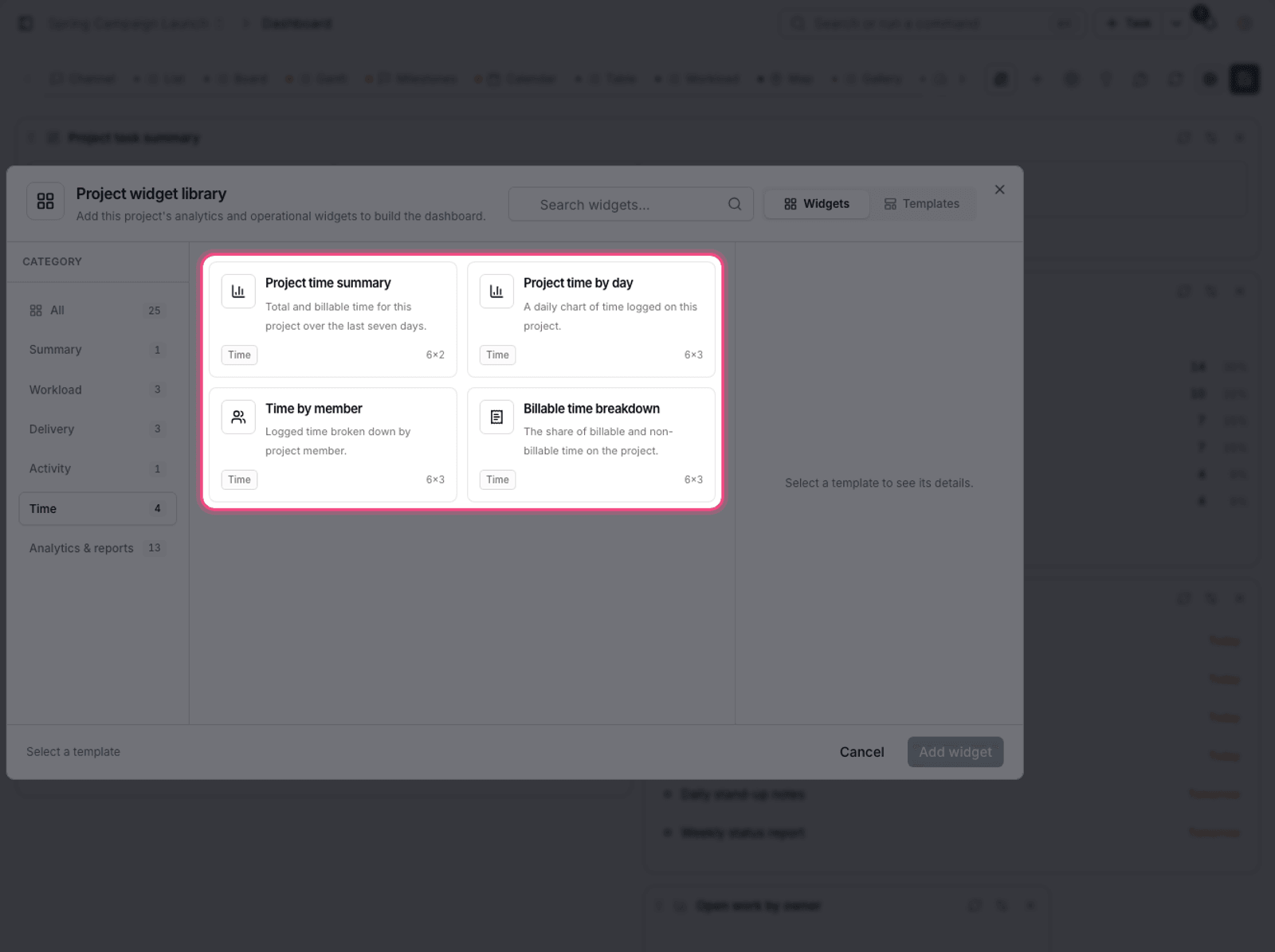 A time report on the dashboard