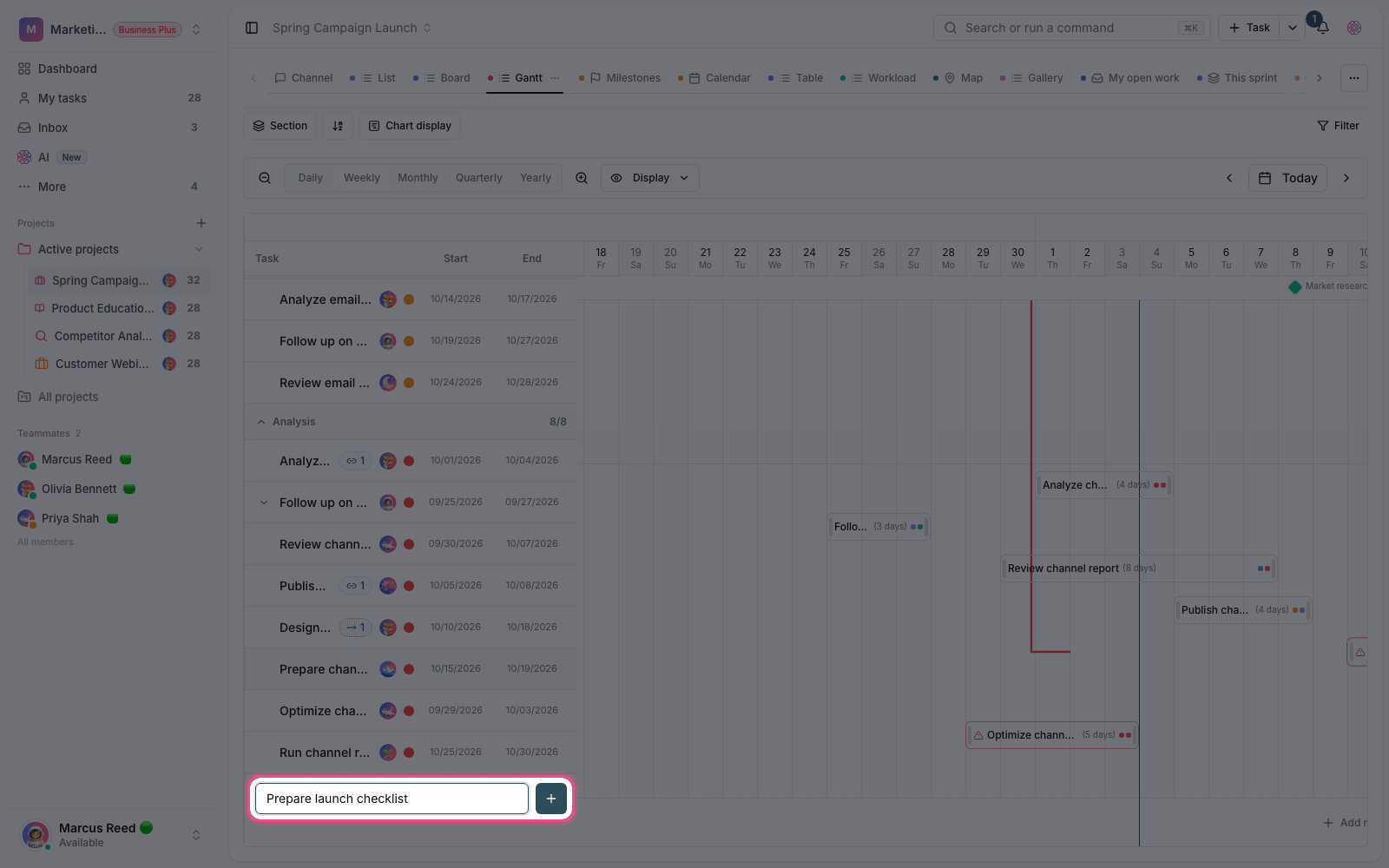 Add a task in the Gantt