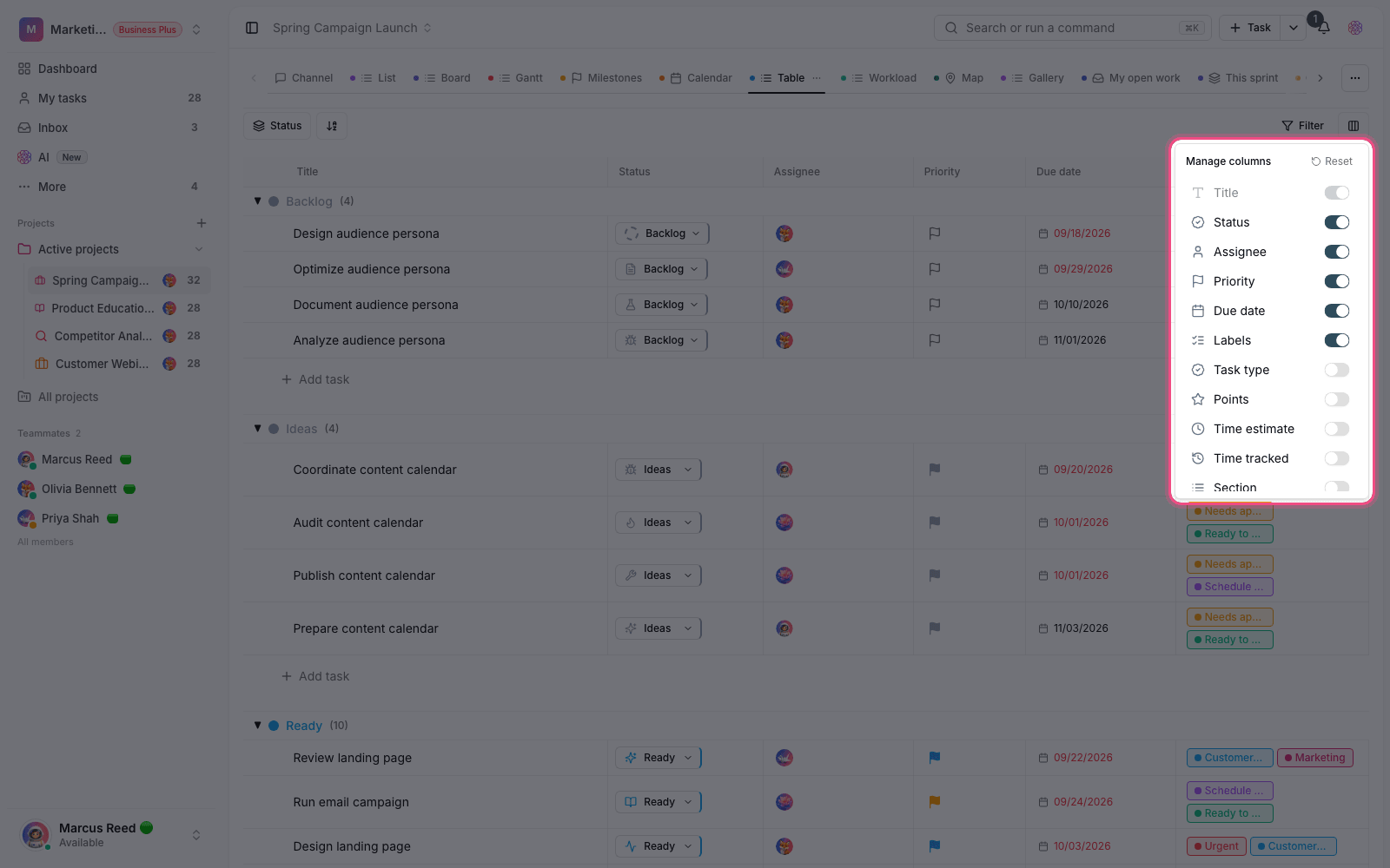 Manage table columns