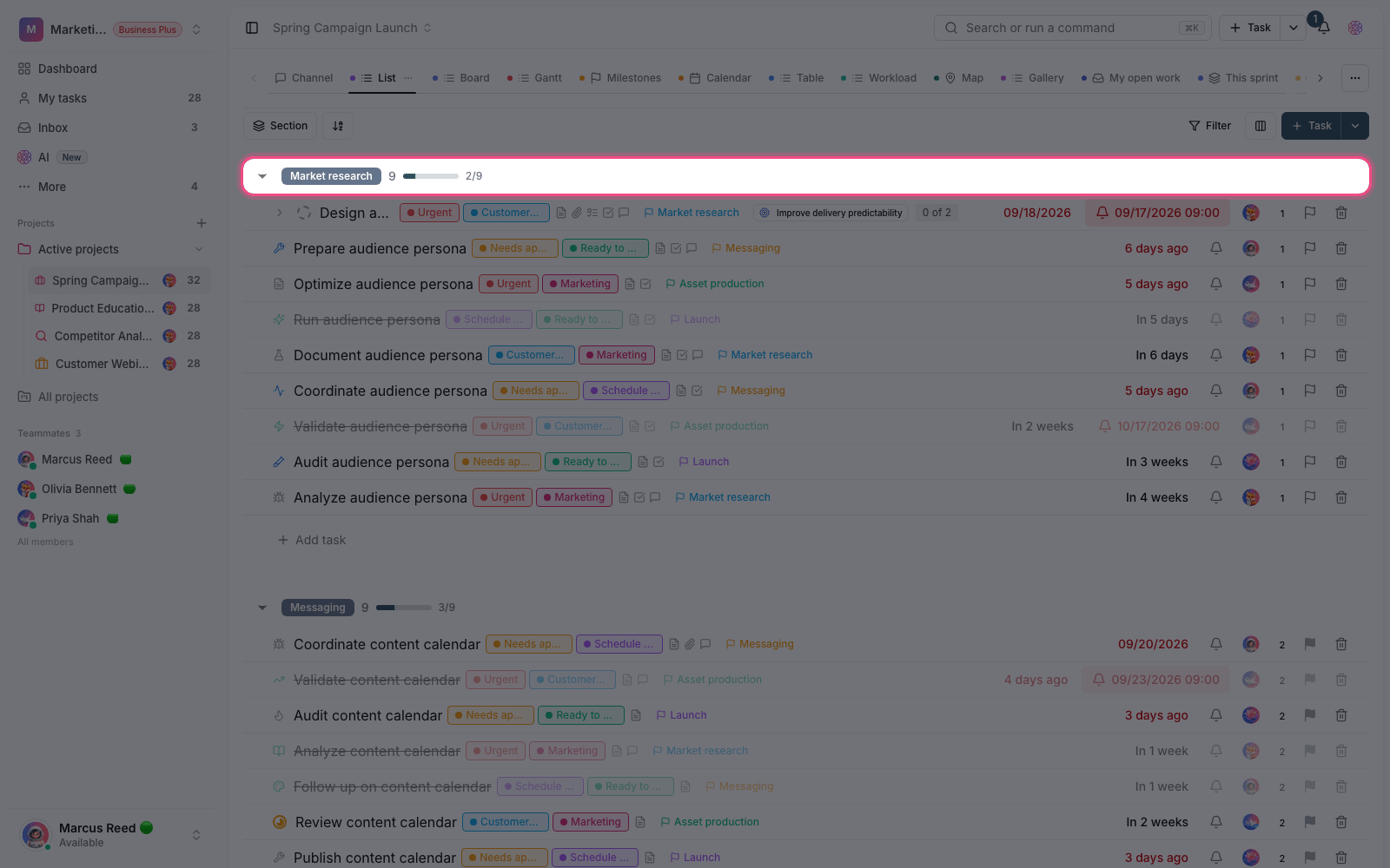 Project sections in list view