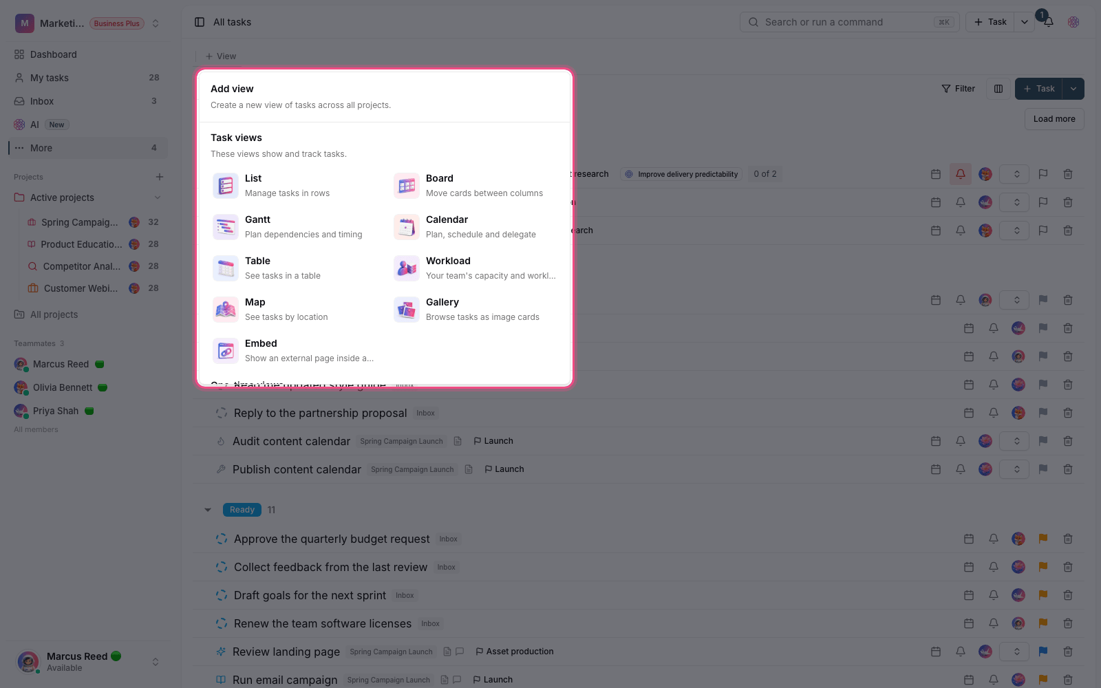 Add a view on the All tasks page