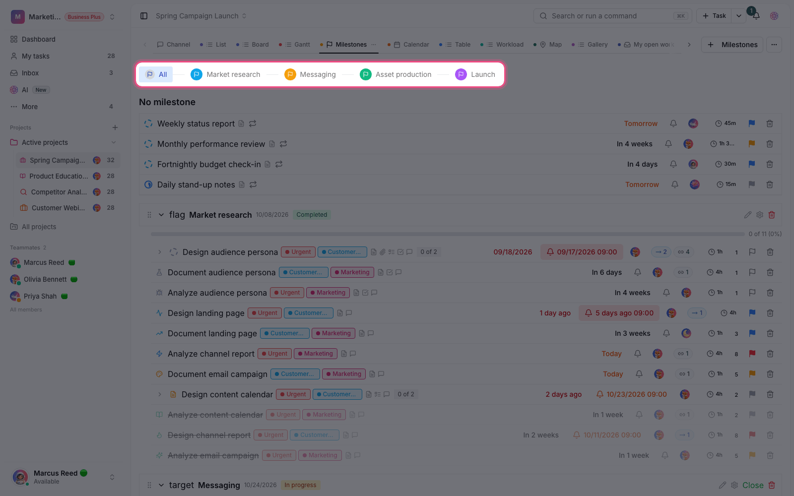 Milestone status filter