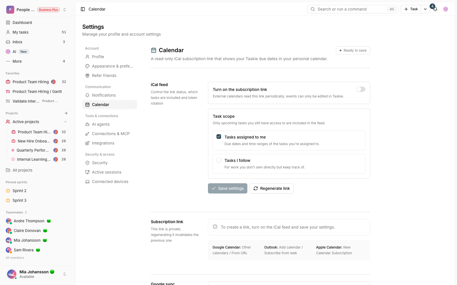 Calendar and time settings