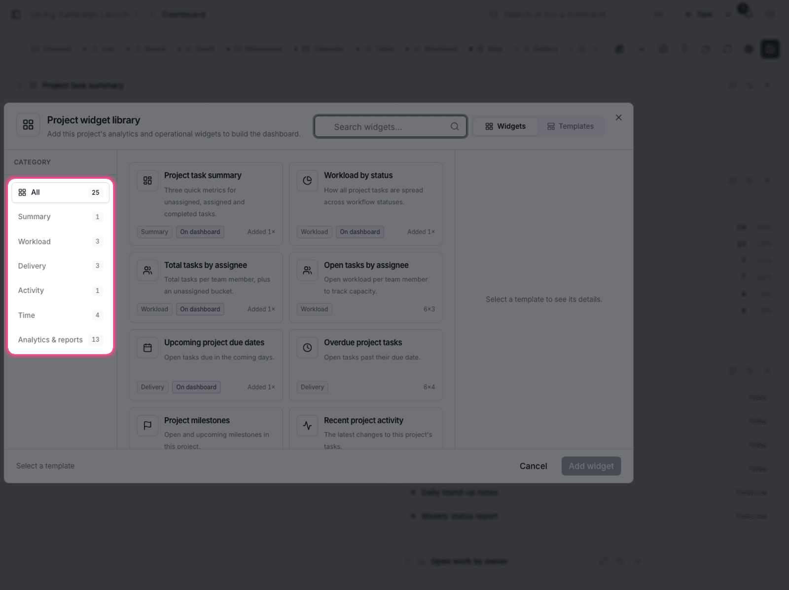 Project widget categories