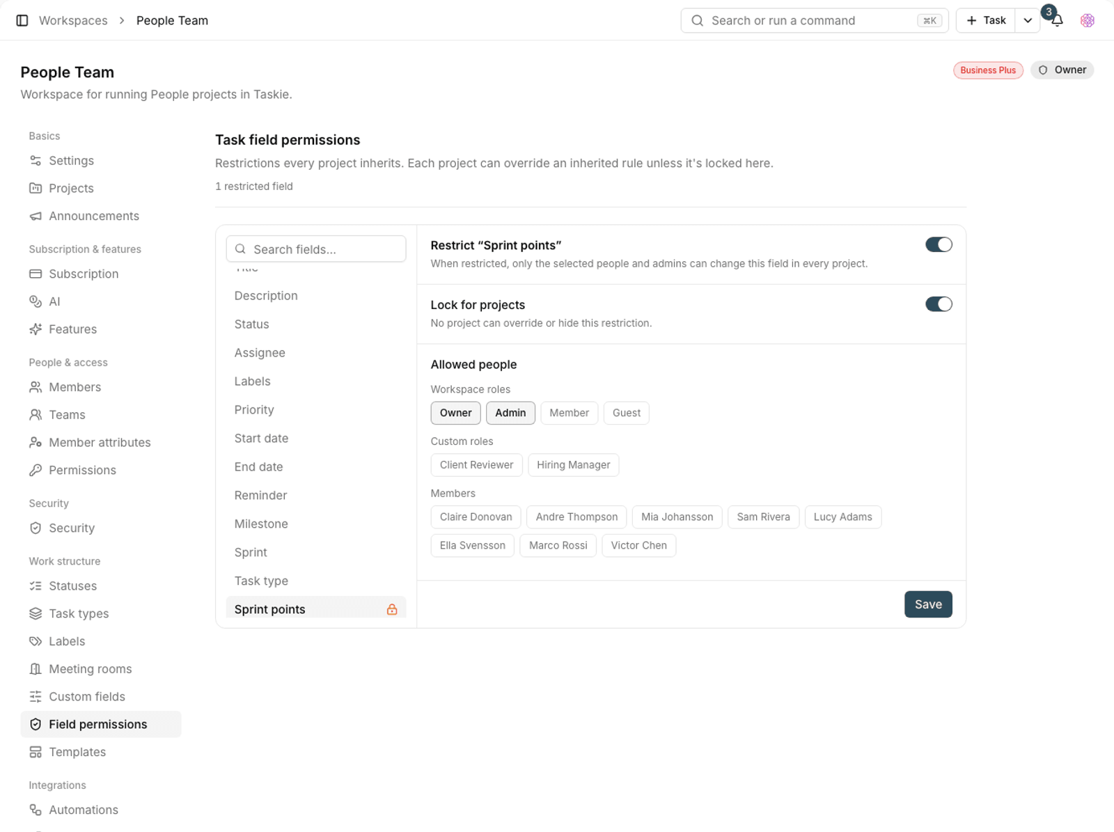 Task field permissions