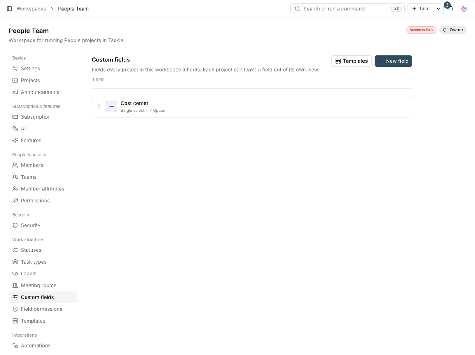 Workspace custom fields