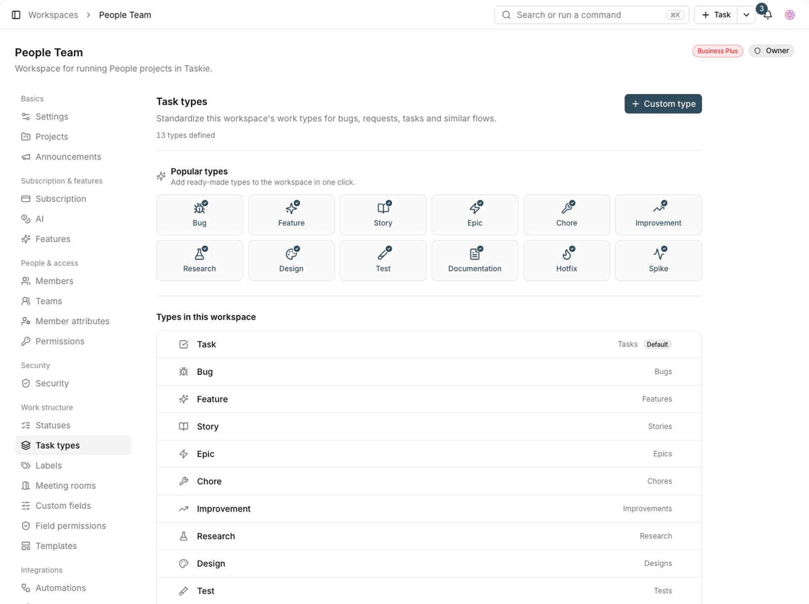 Workspace task types