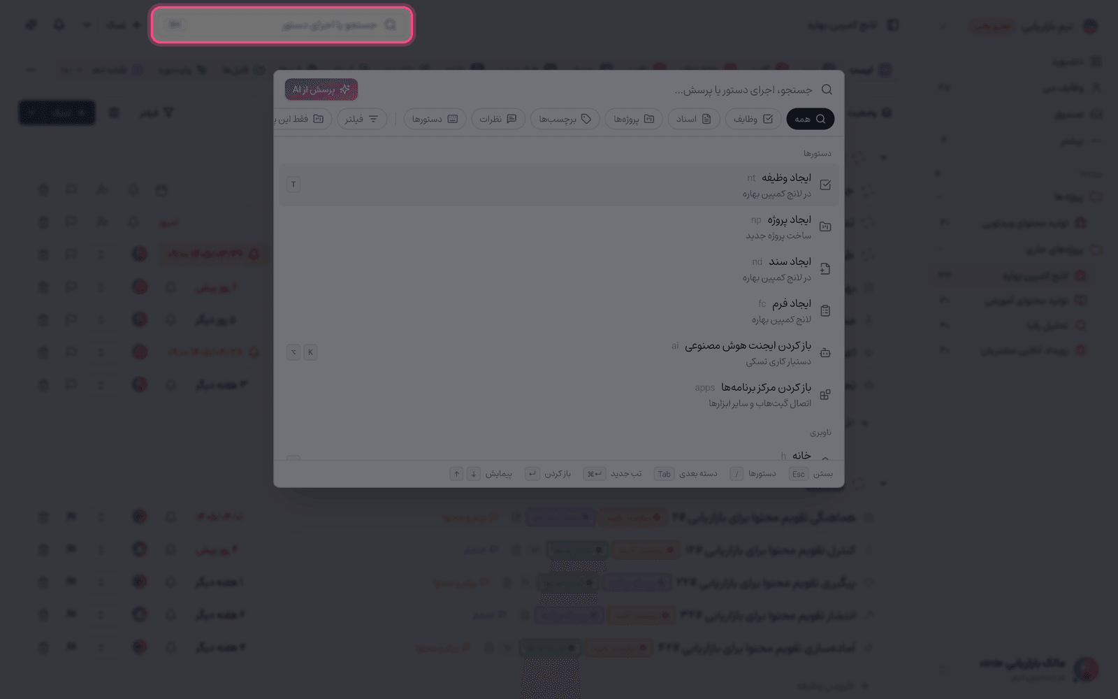 کادر پالت دستور