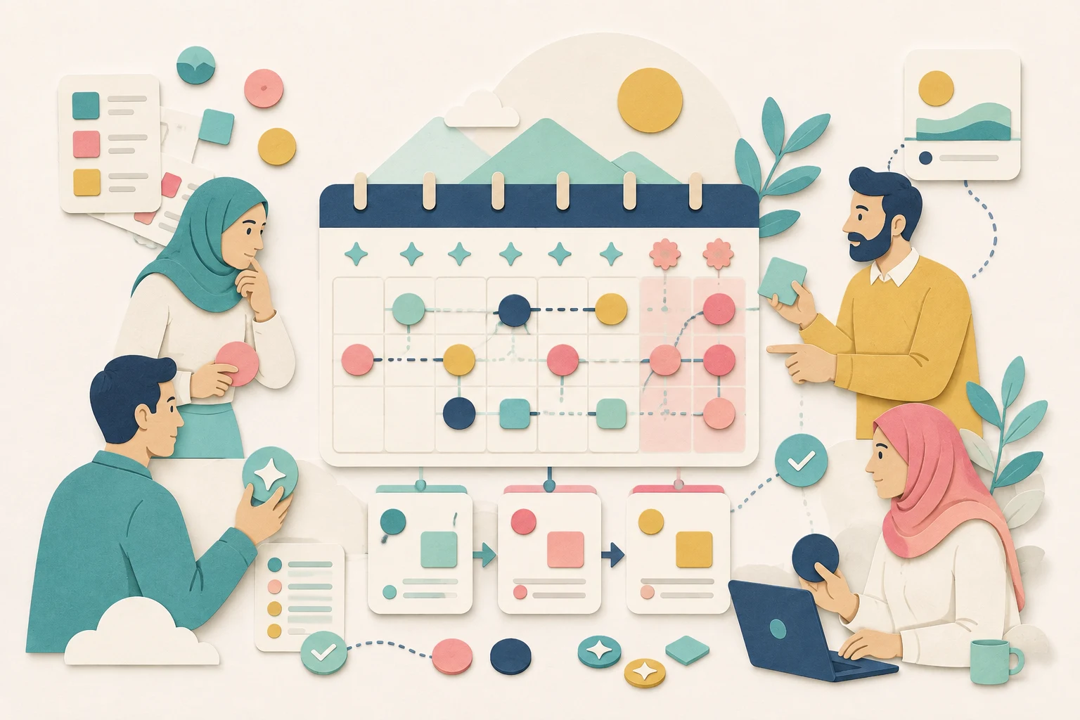 تصویر کاغذی هماهنگ شدن موعدها، وابستگی‌ها و ظرفیت تیم روی یک تقویم شمسی مشترک